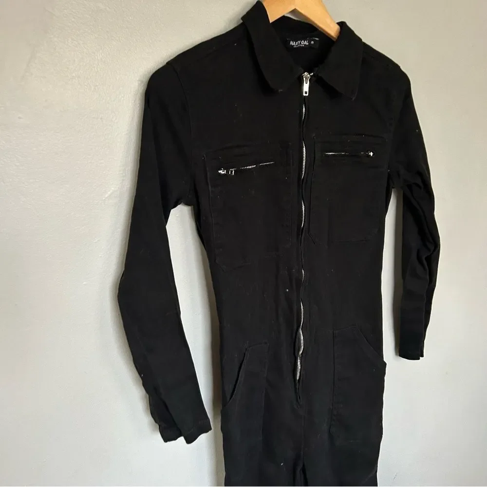 Nasty Gal Black Denim Jumpsuit Womens Medium Wide Leg Utility Romper - Picture 4 of 9